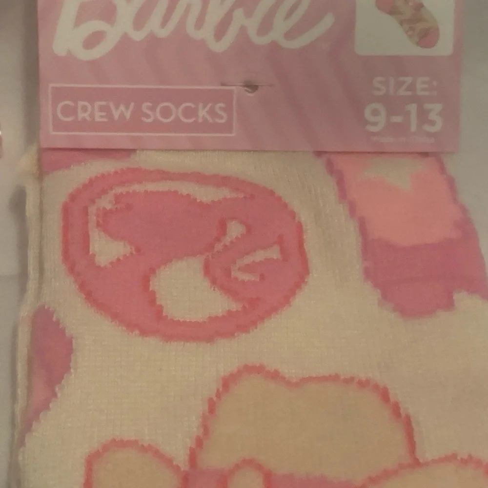 CUTE NEW BARBIE Pink and Cream Crew Socks cowgirl hat and cowboy boot print NWT